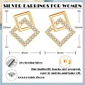 Estrellique 925 Sterling Silver Stud Earrings, Silver Small Bow Earrings, Irregular Square Pearl Stud Earrings for Women, Square Stud with Cubic Zirconia, Hypoallergenic, Simple Earrings Gifts