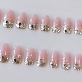 RikView Press on Nails Short Fake Nails Pink Nails Clear Square Acrylic Nails with Sequins
