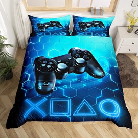 Homemissing Gaming Duvet Cover for Children, Gamer, Blue, Video Game, Bed Linen, 140 x 200 cm, Game Console, Honeycomb, Duvet Cover Decor for Bedroom, Hexagonal, Geometric, with 1 Pillowcase