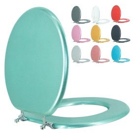 BLOFDE Round Toilet Seat Wood Toilet Seat Prevent Shifting with Zinc Alloy Hinges American Standard Size Toilet Seat Easy to Install also Easy to Clean(Round,Sparkling Turquoise)