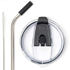 Spill Proof Tumbler Lid with Angled Stainless Steel Straw + Silicone Straw Tip + Straw Cleaning Brush for Yeti Rambler or Ozark Trail Tumblers (30oz, Black)