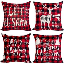 Christmas Cushions Covers Set Of 4, Christmas Decorations, Red Black Tartan Christmas Design Cushion Covers,Linen Xmas Cushions Covers,Christmas Pillows Cases For Home Indoor Sofa Cushions Decorations