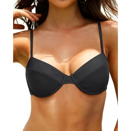 Women Black Underwire Bikini Top Push Up Bathing Suit Top Bra Sized Ribbed Swimsuit Top Only M