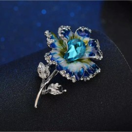 unbrandedd Blue Enamel Flower Brooch with Teardrop & Crystals Silver Tone