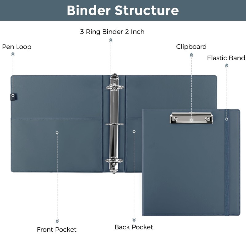 SKYDUE 3 Ring Binder with Clipboard, 2 Inch Heavy Duty
