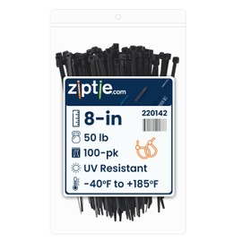 ZipTie.com 8-Inch Black Nylon Multi-Purpose Zip Ties - 50-lb Tensile Strength Cord Management - UL 21S Listed Tie Wraps - UV Resistant, Indoor & Outdoor Multi-Purpose (100-Pack)