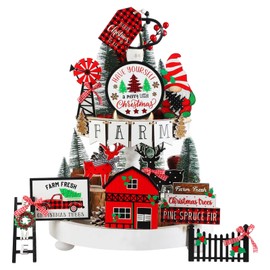 YIQXKOUY 17Pcs Christmas Tiered Tray Decor Set Christmas Wooden Sign Decoration Table Sign Farmhouse Tiered Tray Country Decor for Xmas Decoration Home House Farmhouse Party Christmas Decoration