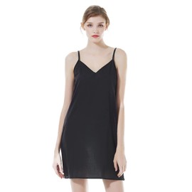 BEAUTELICATE Women Strappy V-Neck Short Full Slip 101% Cool Cotton Underdress Underskirt Petticoat Summer Straight Spaghetti Strap Nightdress Nghtie Chemise Black, M