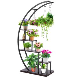 Homdox 5 Tier Metal Plant Stand Half Moon Plant Shelf Shape Ladder Flower Pot Stand Rack w/ Hanger & Anti-Toppling Device, Multi-Purpose Curved Plant Flower Display Holder Pot Rack for Home Patio Lawn