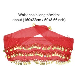 Women's Belly Dance Belt, Professional Belly Dance Costume, Chiffon Hip Scarf with 128 Golden Coins, Dance Cloth Belly Dance Skirt, pink red, Unit size