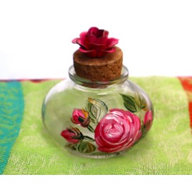 Goddess Arts Collection Decorative Glass Jar Trinket Box with Cork Lid Hand Painted Pink Roses Rosebuds Design Powder Room Decor