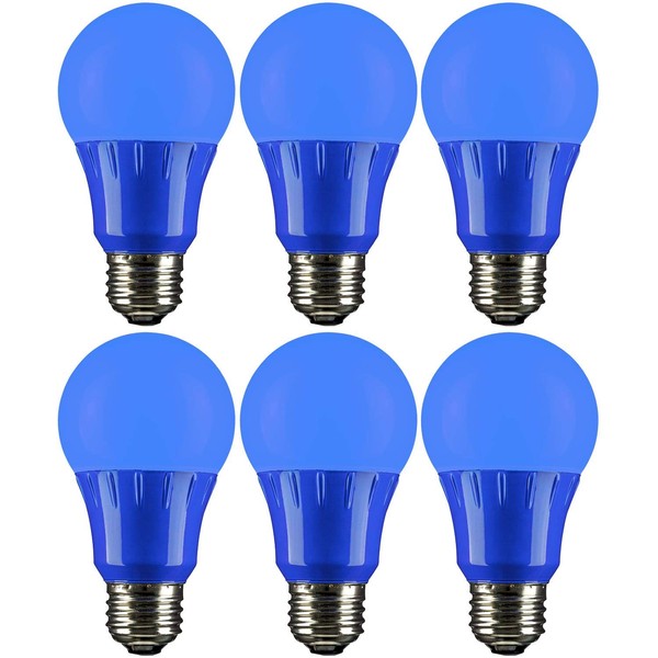 Sunlite 40468 LED A19 Colored Light Bulb, 3 Watts (25w Equivalent), E26 Medium Base, Non-Dimmable, UL Listed, Party Decoration, Holiday Lighting, 6 Count, Blue