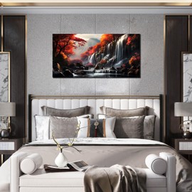 Waterfall Canvas Wall Art for Living Room, Nature Landscape Wall-Decor Picture, Orange Red Tree Mountain Forest View Scenery Scenic Canvas Art Piece Print Artwork for Office Bedroom, Size 40x20 Inches