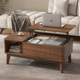 LYNCOHOME Fluted Lift Top Coffee Table with Storage, Modern Coffee Table for Living Room, Home Office（Walnut）