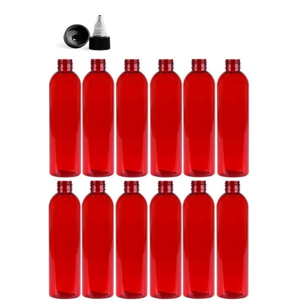 Premium Essential Oil 8 Ounce Cosmo Round Bottles, PET Plastic Empty Refillable BPA-Free, with Black/Natural Twist Top Caps (Pack of 12) (Red)
