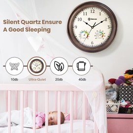 Geevon 12" Vintage Wall Clock Non Ticking with Hygrometer and Thermometer Combo,Battery Operated Quartz Decorative Wall Clocks for Home,Living Room,Office,Classroom,Kitchen,Bedroom Decor