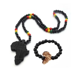 Multicolor 8MM Wooden Bead Chain African Hip-hop Africa Map Pendant Necklace for Men Natural Wood Jewelry-set colorful