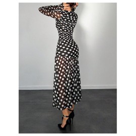 Verdusa Women's Polka Dots Mesh Layered Bodycon Dress Long Sleeve Ruched Long Dress Black White Small