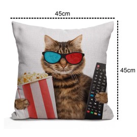 Tomda Funny Cat in The 3D Glasses with Popcorn Basket Cotton Burlap Linen Cushion Cover Throw Pillow Case Sofa Outdoor Decorative Square 45x45cm 18x18 Inch