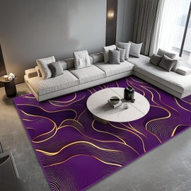 8x10 Area Rug Purple Gold Modern Rug for Living Room Indoor Machine Washable Abstract Rugs for Bedroom Ultra Soft Dining Room Large Carpet Non-Slip Non-Shedding Throw Rug for Home Office