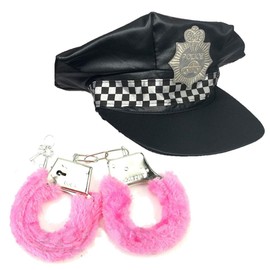 Stylex Party Ltd Police Officer Fancy Dress Costumes Black Hat Cop & Pink Fluffy Hand Cuffs