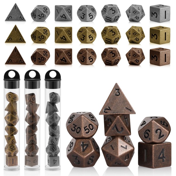 10mm Mini DND Metal Dice Set,3 Sets Antique Copper D&D Dice Set-Micro Polyhedral Dice Set,Perfect in Clear Display Tube for DND Dungeons and Dragons MTG RPG Tabletop Role Playing Games