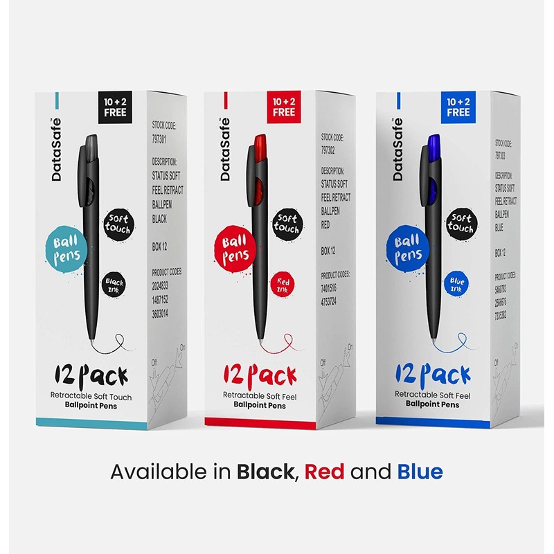 DataSafe Retractable Clicky Ballpoint Writing Pens, Black Casing, Medium Point