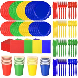 Dandat 280 Pieces Blue Red Green Yellow Paper Plates and Napkins Cups Plastic Forks Knives Spoons Disposable Complete Tableware Pack for Carnival Circus Birthday Baby Shower Party Supplies, Serves 40