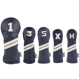 Sunfish Navy Blue White Sunfish Leather golf club headcover 5 piece set - DR FW FW HB HB