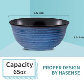 Hasense Ceramic Salad Bowls, 8.5 Inch Large Serving Bowls, 60 oz Serving Dishes for Entertaining Soup Pasta Ramen Pho Fruit Popcorn, Dishwasher and Microwave Safe, Set of 2, Navy Blue