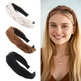 Aprince Braided Headbands for Women&Girls 3pcs, Wide Headbands Non-Slip, Comfortable Brown Headband, Fashion Cloth Headband for Women,Weaving Shape Neutral Color Hairband