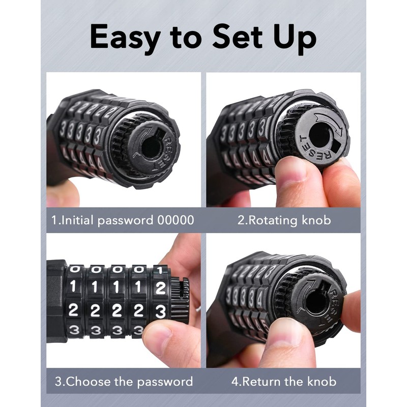 Bike Lock with Resettable 5-Digit Combo,15mm Wide 4ft Long Anti-Theft