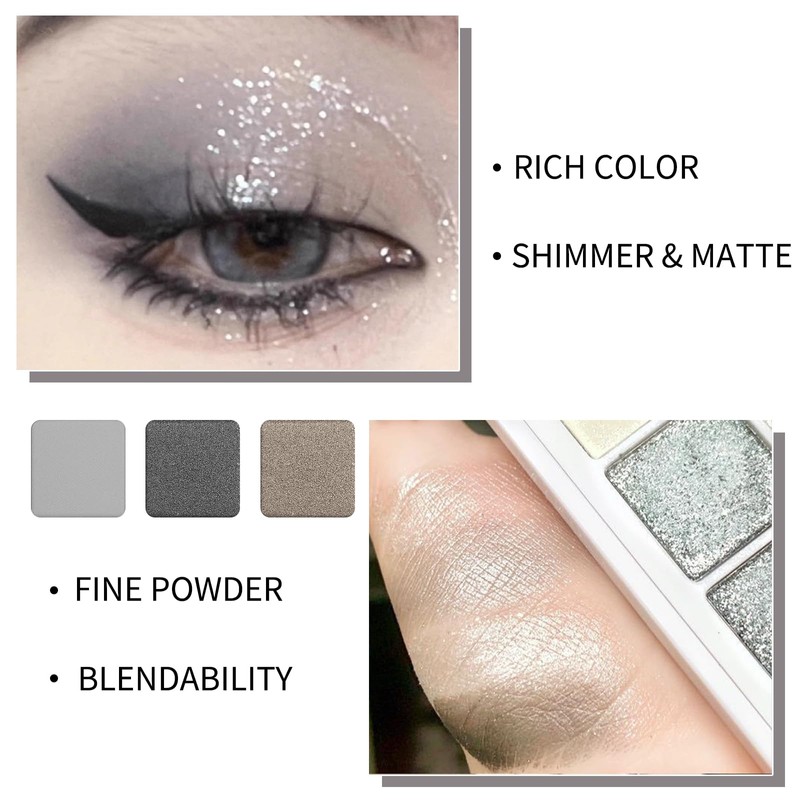 Erinde Black Smokey Gray Silver Eyeshadow Palette, 9 Colors Matte