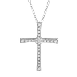 Sterling Silver Diamond Accent Cluster On Middle Cross Pendant Necklace (18 inch)