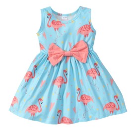 Toddler Girls Bowknot Dresses Casual Sleeveless Flamingo Summer Dresses Baby Girl Party Dress Outfit flamingo-1131-4T 4-5T