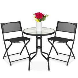 Best Choice Products 3-Piece Patio Bistro Dining Furniture Set w/Textured Glass Tabletop, 2 Steel Folding Chairs, Polyester Fabric - Black