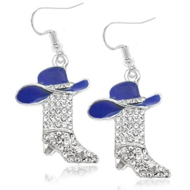 Rhinestone Western Boots Earrings for Women Cowgirl Cowboy Enamel Crystal Hat Bohemian Rodeo Boot Drop Dangle Earrings - Blue