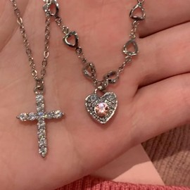 Buyongwant Heart Shaped Necklace for Women Irregular Y2k Cross Pendant Double Layered Necklace Silver Jewelry