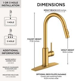 FORIOUS Gold Kitchen Faucet with Pull Down Sprayer, Brushed Brass High Arc Gooseneck Modern Sink Faucet with CUPC Ceramic Cartridge, Single Handle Stainless Steel and Deck Plate