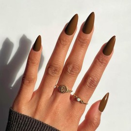 Light Brown Press on Nails Almond Shaped 48Pcs Neutral Thick Fake Nails for Women, Medium Almond Nails Press on Reusable Acrylic Nails Glue on Medium Length Stiletto False Nails Gel Artificial Nails