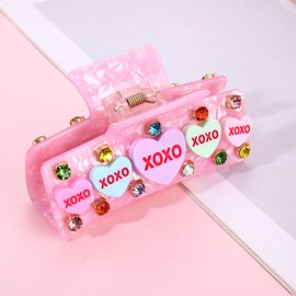 BVGA Valentines Hair Claw Clip for Women Large Square Light Pink Embellished Crystal Candy Heart Acetate Claw Hair Clips Valentines Day Hair Accessories Gfits for Her