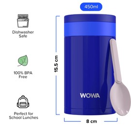 WOWA 450ml Kids Stainless Steel Flask for Hot & Cold Food with Spoon - Wide Mouth 100% Leakproof Food Flasks for Hot Food Kids - Easy Open Lid Insulated Thermo Food Jar for Children