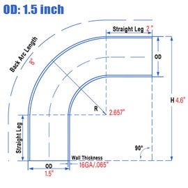 1.5 Inch 90 Degree Elbow Stainless Mandrel Bend Elbow - 2" Leg- 16GA/. 065" Wall - Thickned SS304 Stainless Steel Exhaust Piping Tip for Automotive Exhaust (OD: 1.5")