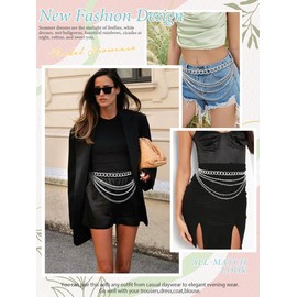 FIORETTO Chain Belt for Women Fashion Multilayer Rhinestone Belts Metal Waist Chain Crystal Sparkly Chunky Link Belts for Dress Silver