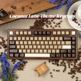 PBT Translucent Keycaps, Minimalist Brown Keycaps, 164 Key Custom Cherry Profile Keycap Set, Dye Sublimation Cute Coffee Key Cap for 60% 65% 75% 100% MX Switches Mechanical Keyboard(Coconut Latte)