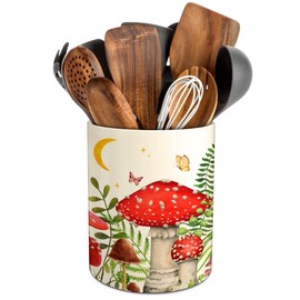 Mushroom Decor Utensil Holder, Mushroom Kitchen Decor Ceramic Utensil Holder for Farmhouse Indoor Kitchen Decorations Rustic Farmhouse