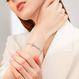 DAOCHONG 925 Sterling Silver Cross Bracelet for Women Adjustable Religious Cuff Bangle Christian Jewelry for Your Loved One