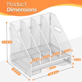 OrgMate Desk File Folder Holder Organizer-4 Vertical Compartments Racks and Paper Letter Tray,Mesh Magazine File Holder Sorter,Desktop Accessories & Workspace Organizers for Home,Office,School-White