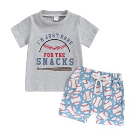 niceclould Toddler Boys Summer 2 Piece Outfit Short Sleeve O Neck Baseball Print Tops and Pocket Shorts Sets Casual Clothes (C-Gray, 6-12 Months)