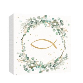 60Pcs Servietten Taufe Servietten Hochzeit Kommunion Tischservietten 2 Lagige Frühling Blumenkranz mit Fisch Eukalyptus Muster für Kommunion Taufe Hochzeit Gartenparty Geburtstag Ostern Taufe,33×33cm